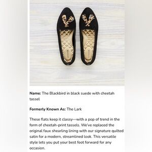 Birdies Blackbird Tassel Loafer, black w/cheetal tassel, size 8, suede leather